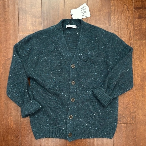 Zara Kid's Wool and Alpaca Blend, Marled Blue Cardigan Sweater, Size 11/12, NWT - Picture 1 of 12